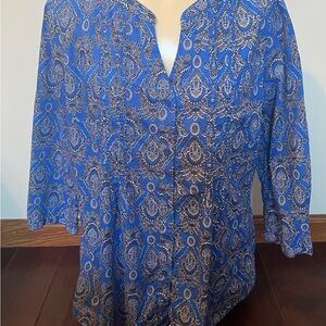 Talbots Shirt Top Wonens Sz Medium 3/4 Sleeve Button Down Blue Black V Neck
